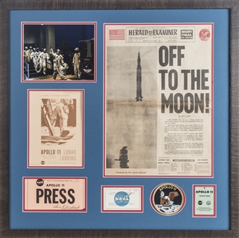 Off To The Moon! Apollo 11 Commemorative Display With LA Herald Examiner, Launch Ticket, Apollo 11 Patch & Badge In Framed Display